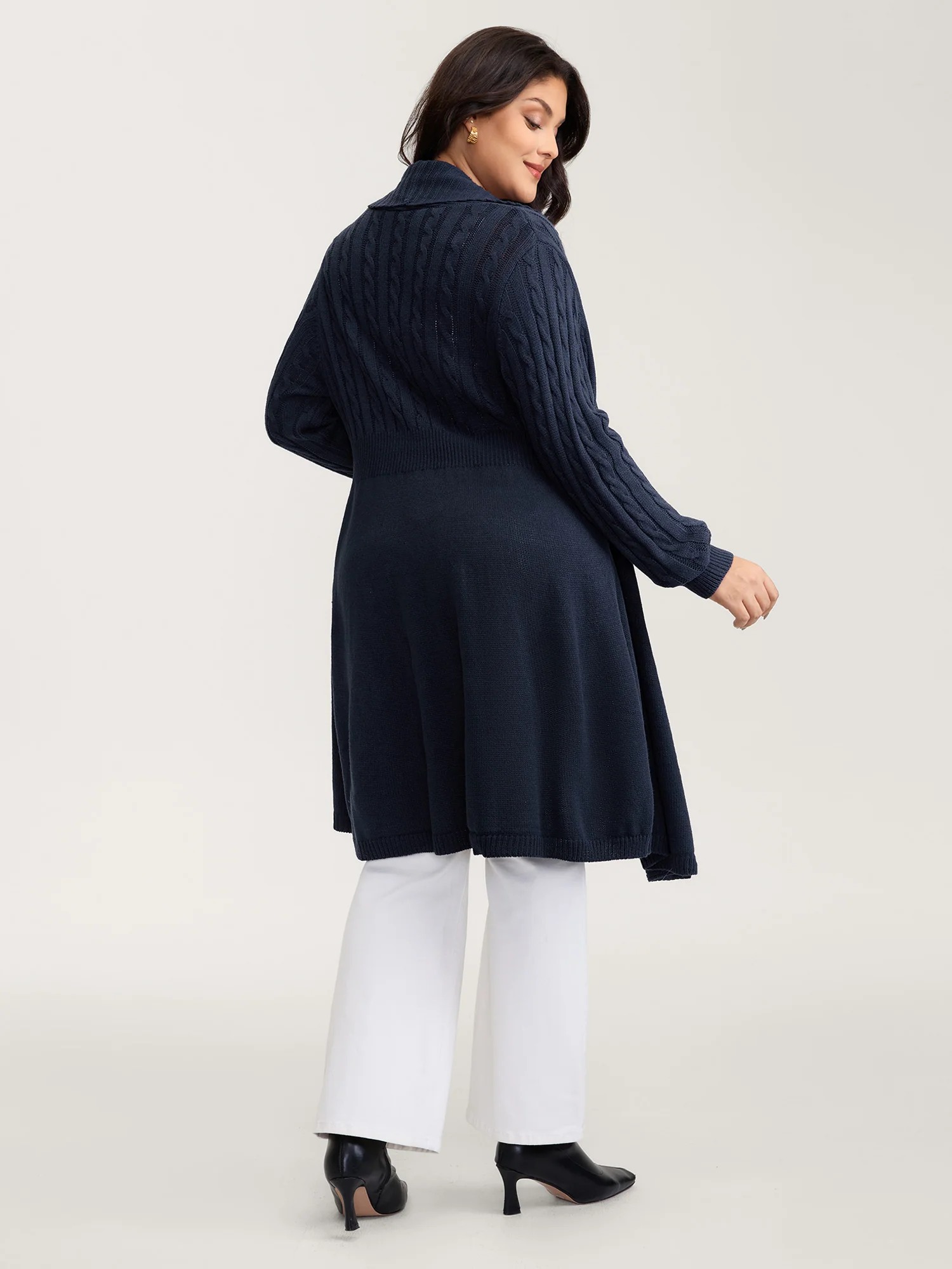 Cable Knit Cinched-Flared Waist Knit Cardigan - Image 4