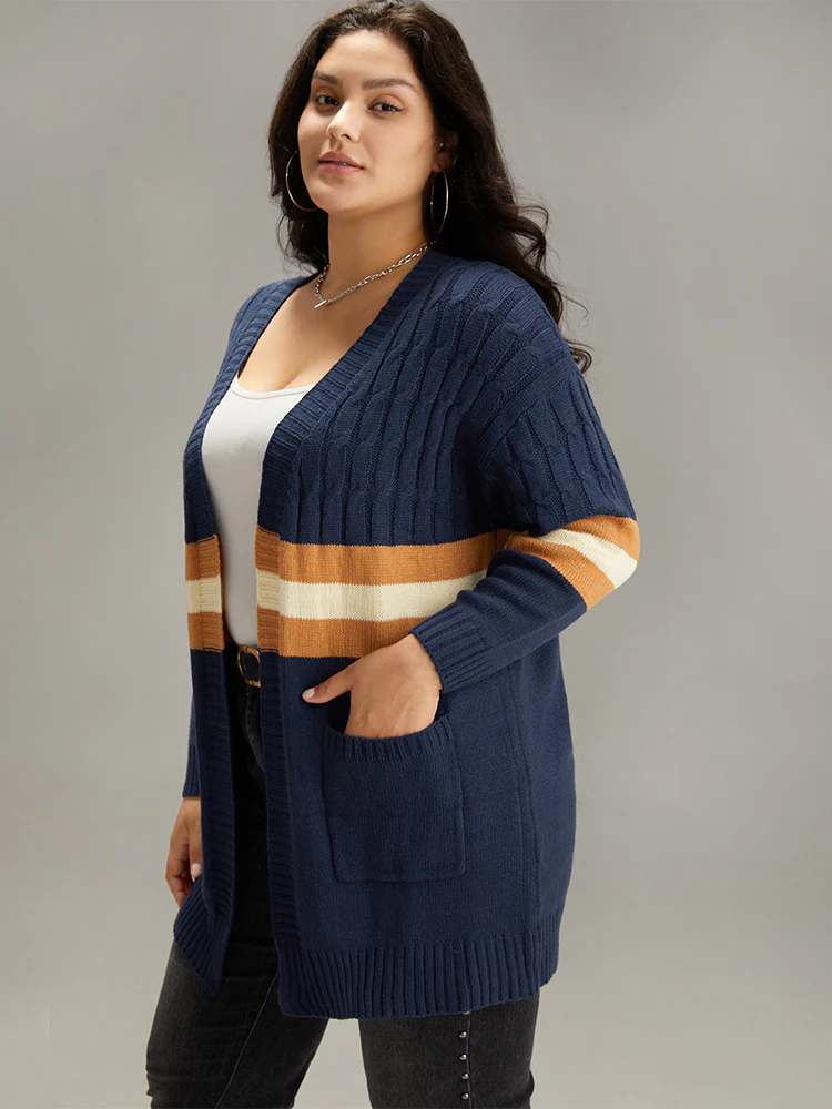 Cable Knit Colorblock Contrast Open Front Cardigan - Image 2