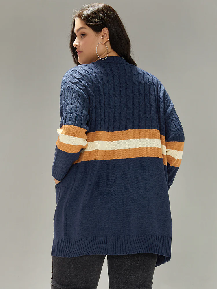 Cable Knit Colorblock Contrast Open Front Cardigan - Image 3
