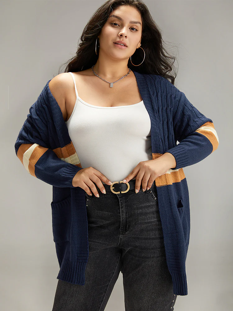 Cable Knit Colorblock Contrast Open Front Cardigan - Image 4