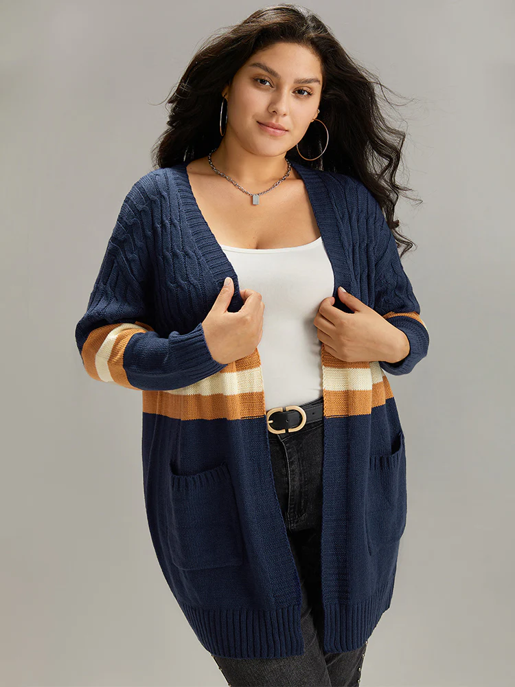 Cable Knit Colorblock Contrast Open Front Cardigan - Image 5