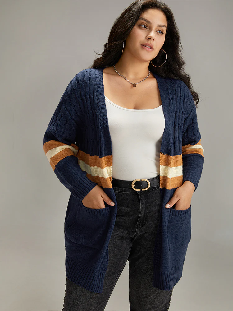 Cable Knit Colorblock Contrast Open Front Cardigan - Image 6