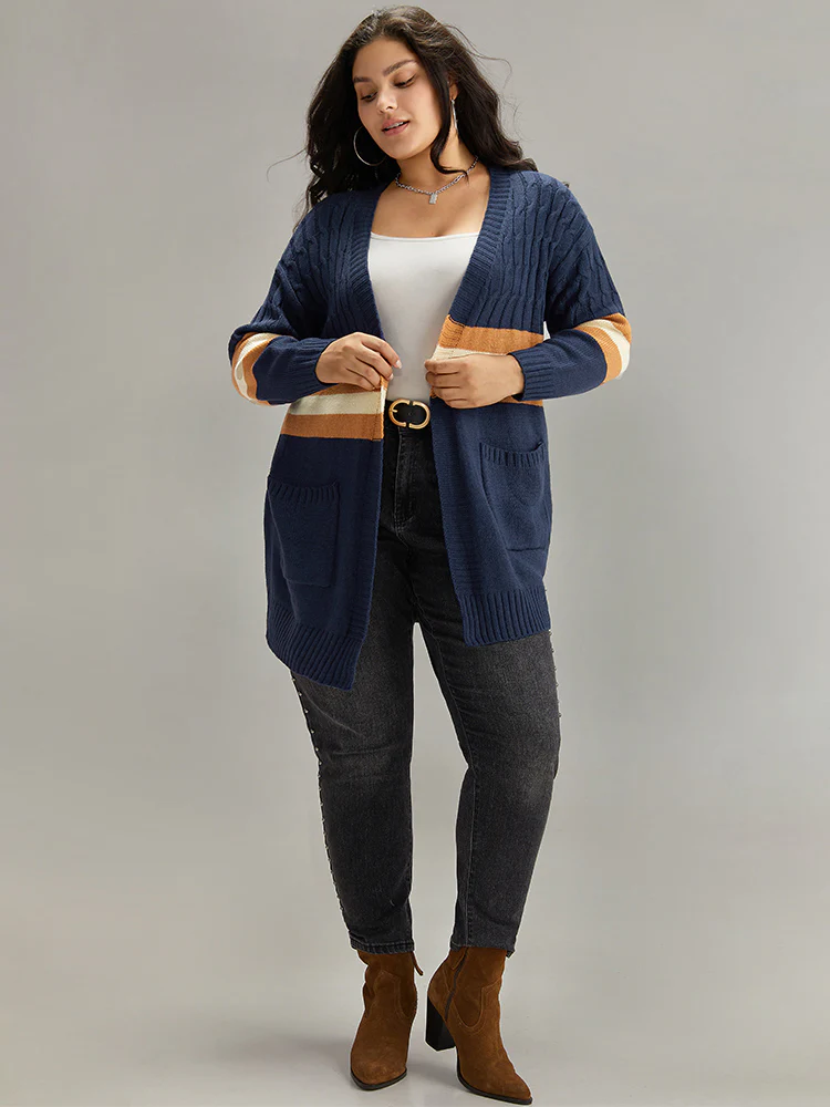 Cable Knit Colorblock Contrast Open Front Cardigan - Image 7
