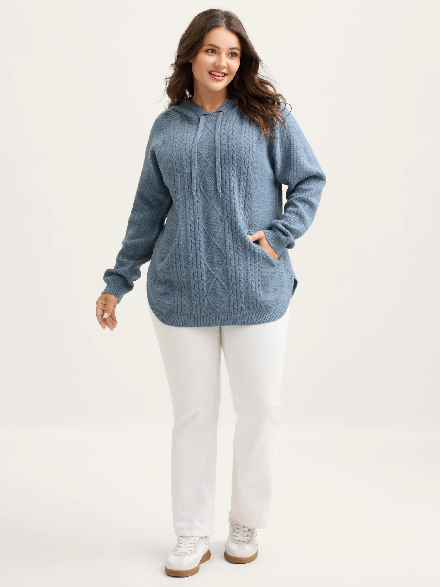 Cable Knit Curvy Hem Hooded Pullover - Image 3