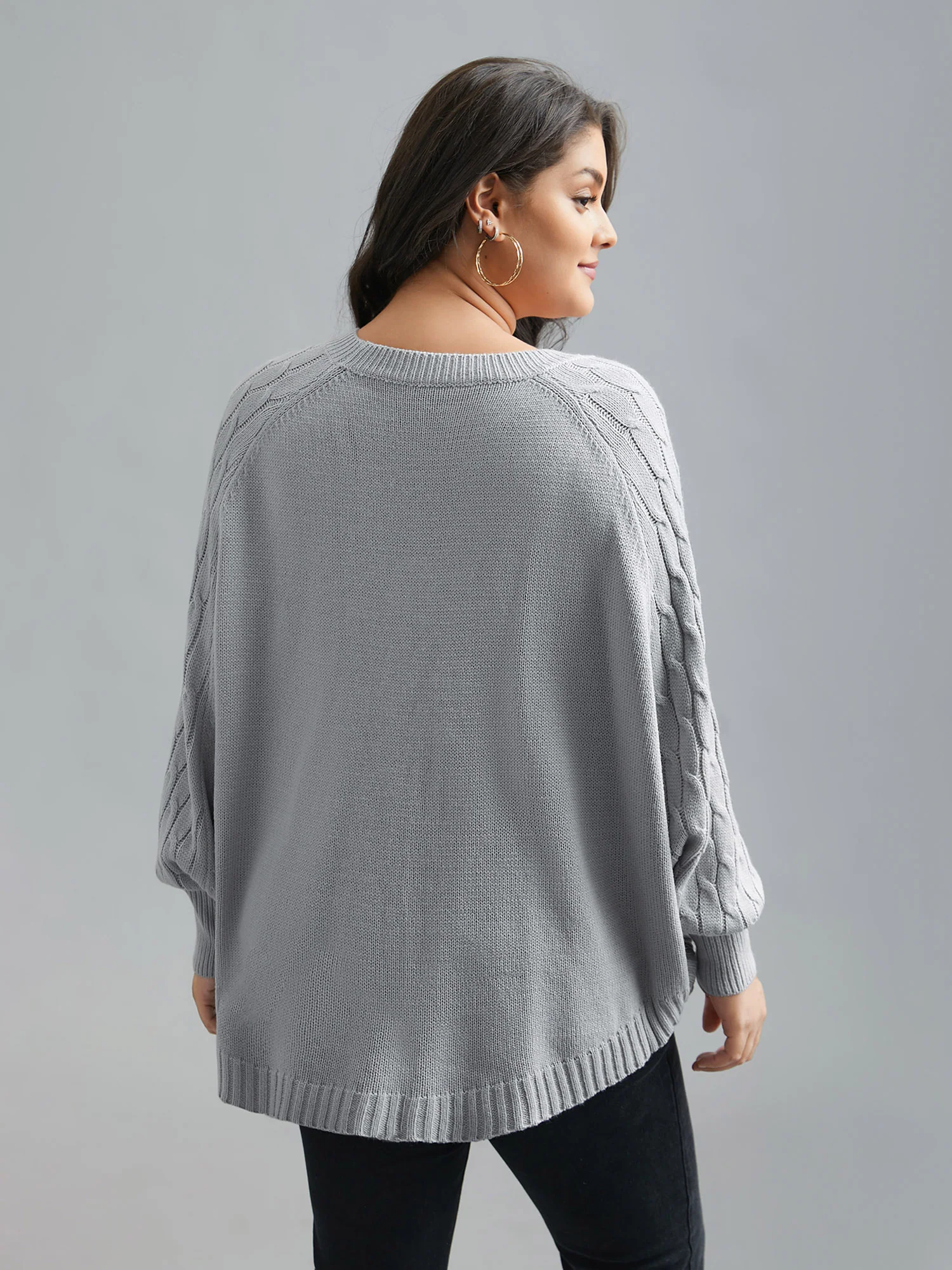 Cable Knit Dolman Sleeve Curved Hem Pullover - Image 2