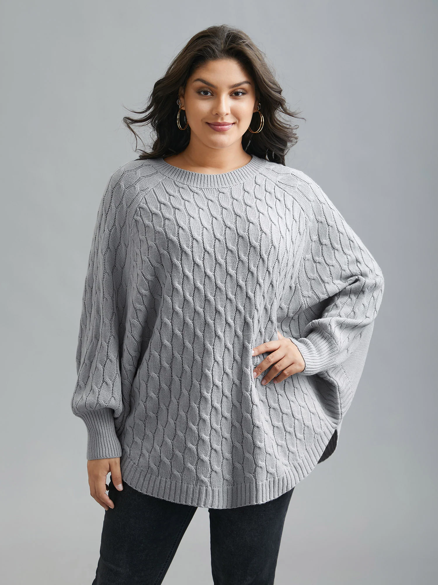 Cable Knit Dolman Sleeve Curved Hem Pullover - Image 4