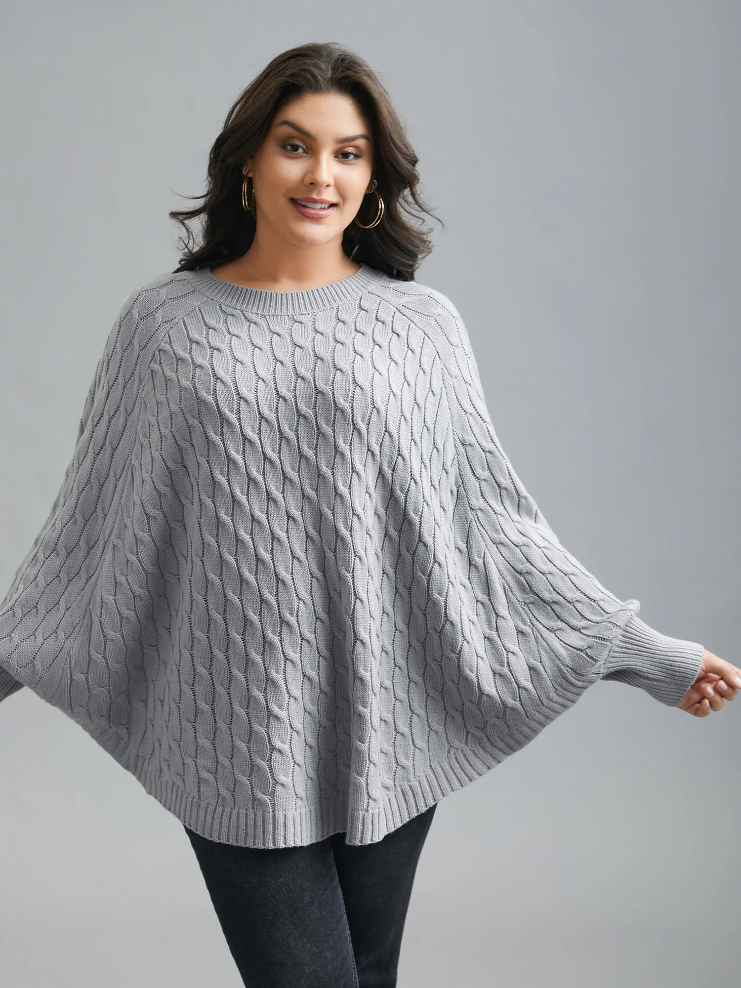Cable Knit Dolman Sleeve Curved Hem Pullover - Image 5