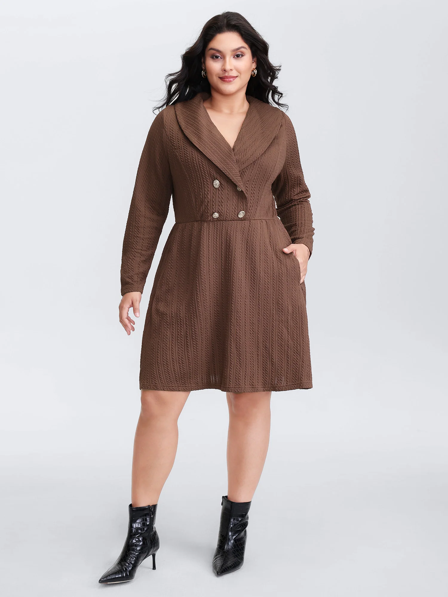 Cable Knit Double Decorative Button Knee-Length Dress - Image 3