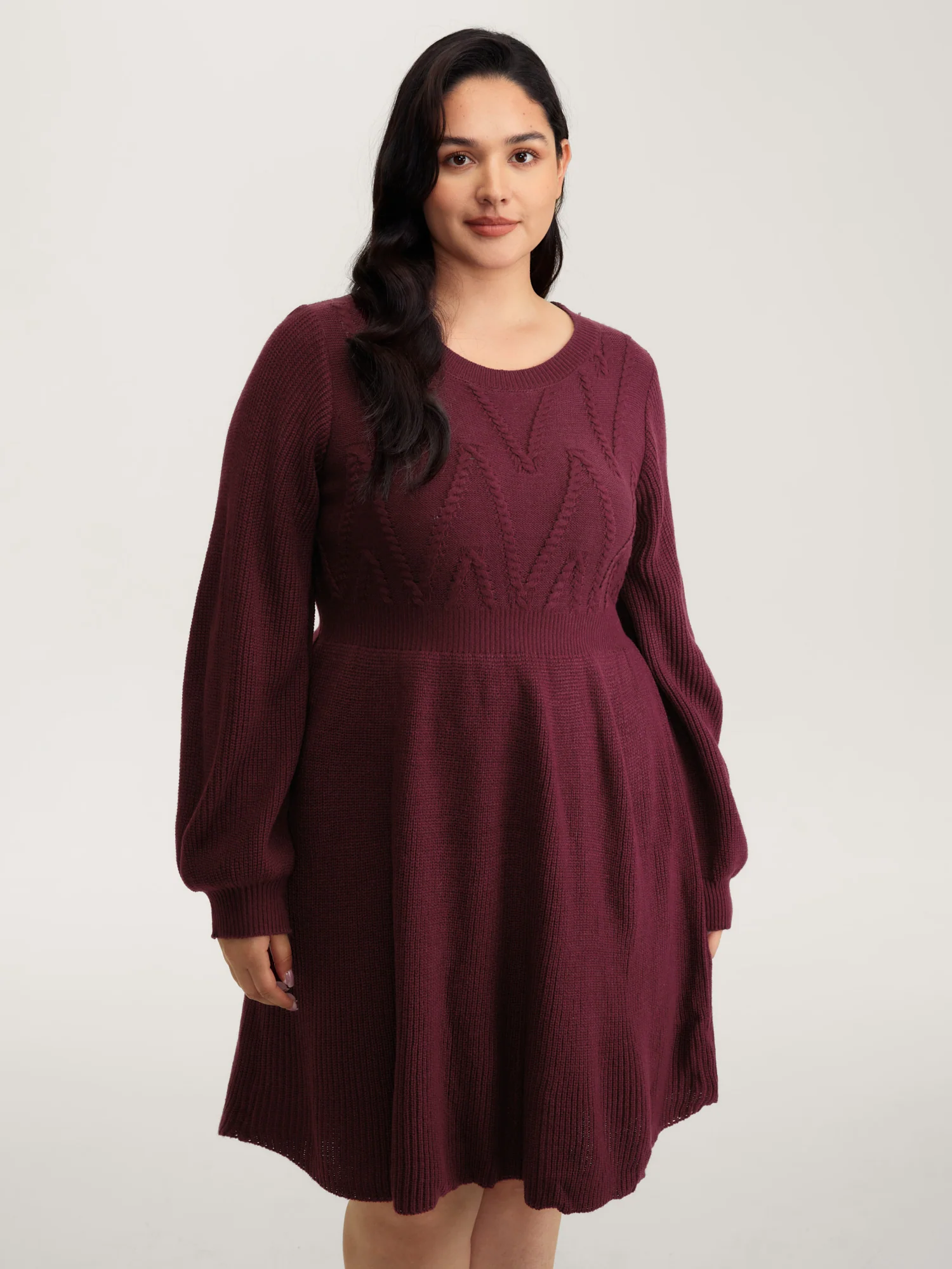 Cable Knit Elastic Waist Midi Sweater Dress - Image 3