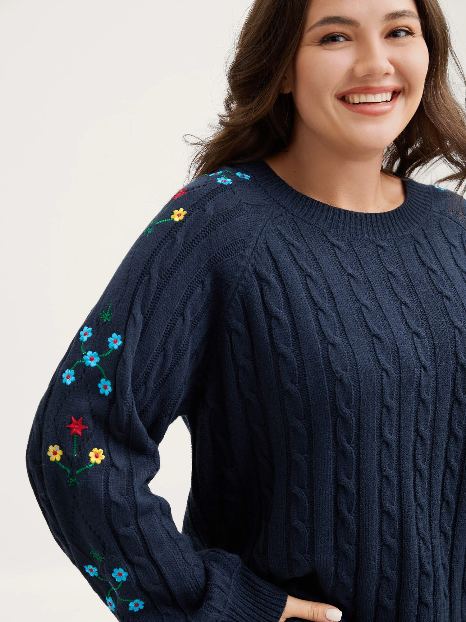 Cable Knit Embroidered Raglan Sleeve Pullover - Image 2