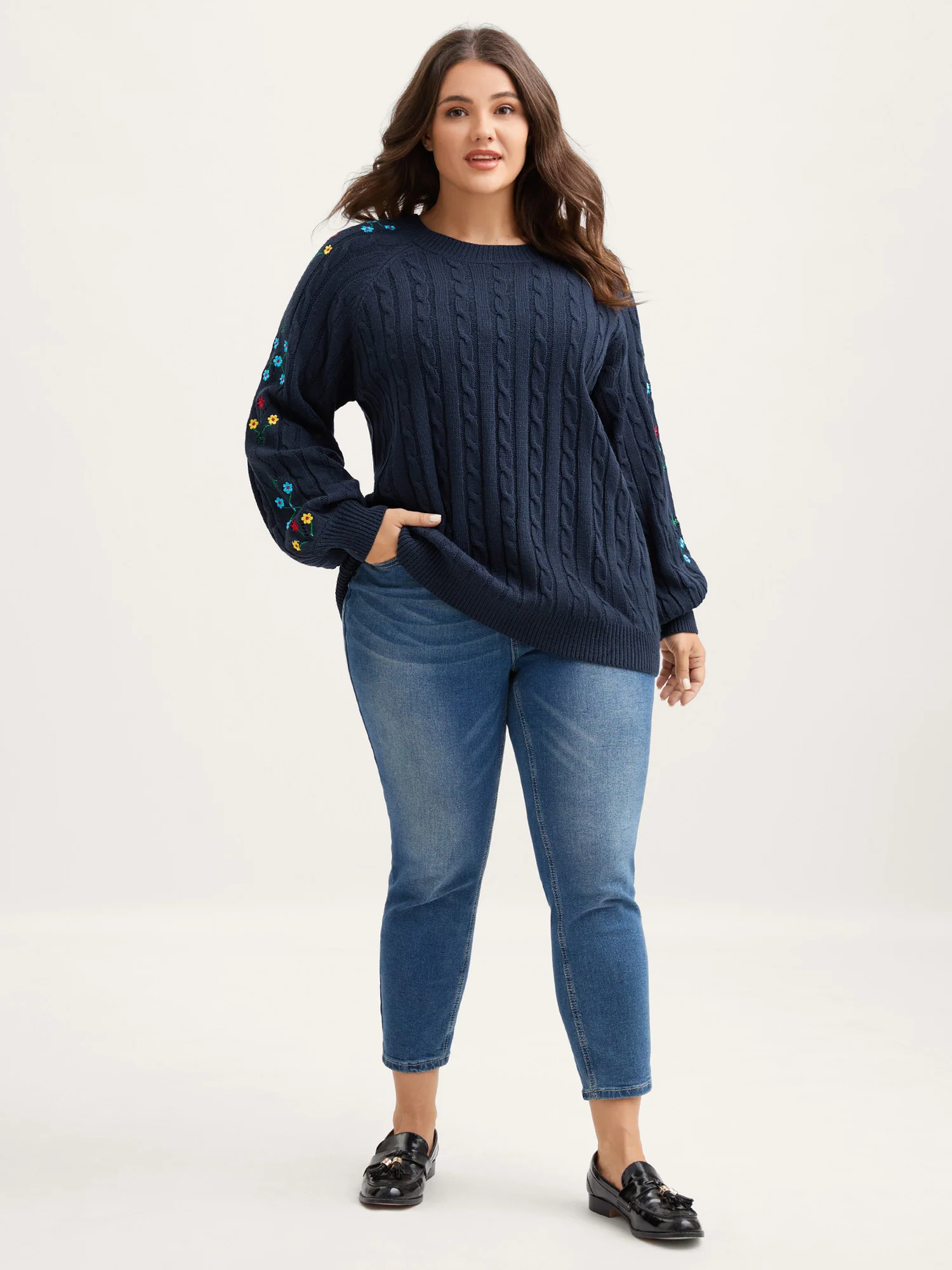 Cable Knit Embroidered Raglan Sleeve Pullover - Image 3