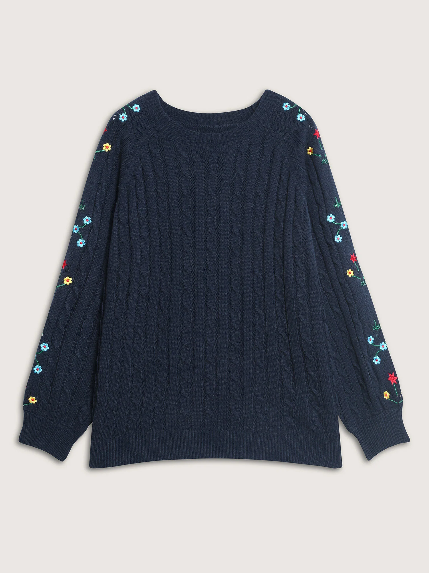 Cable Knit Embroidered Raglan Sleeve Pullover - Image 7