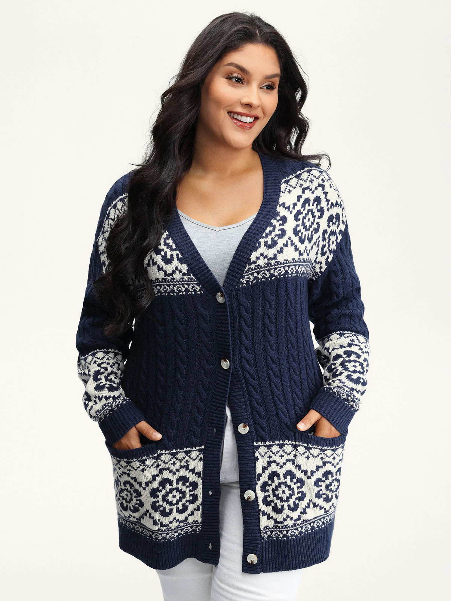 Cable Knit Floral Jacquard Pockets Knit Cardigan - Image 2