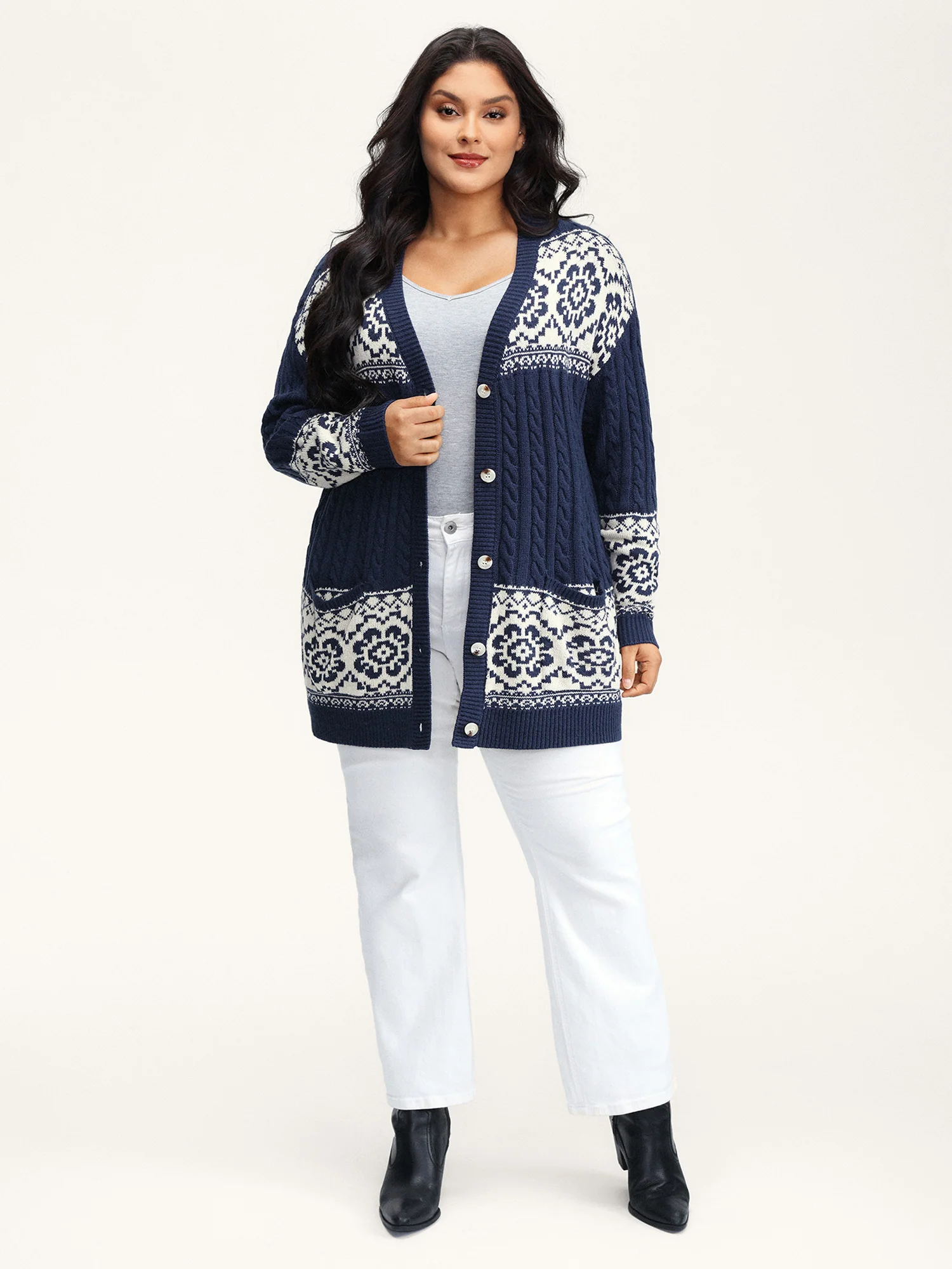 Cable Knit Floral Jacquard Pockets Knit Cardigan - Image 3