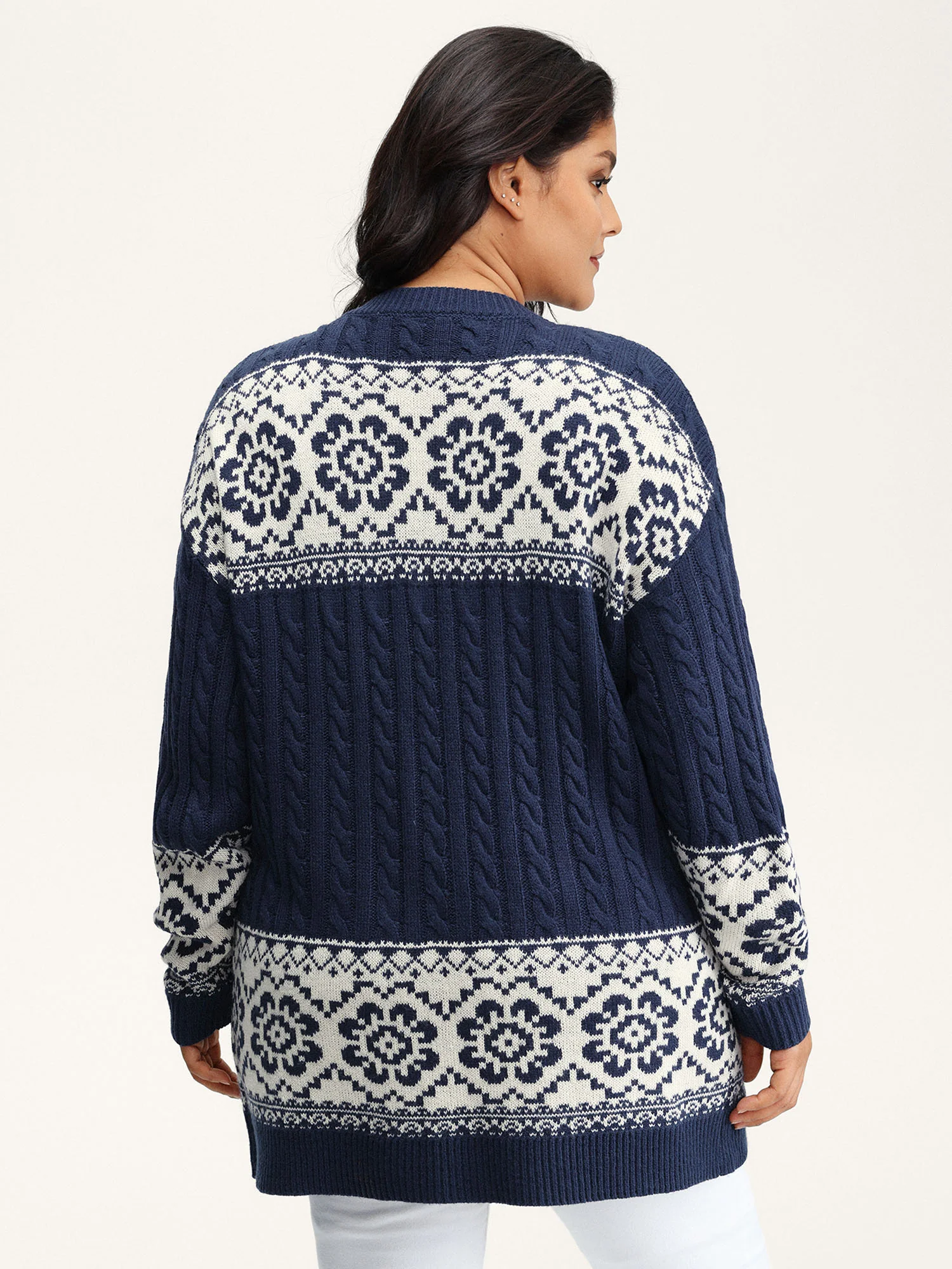 Cable Knit Floral Jacquard Pockets Knit Cardigan - Image 5