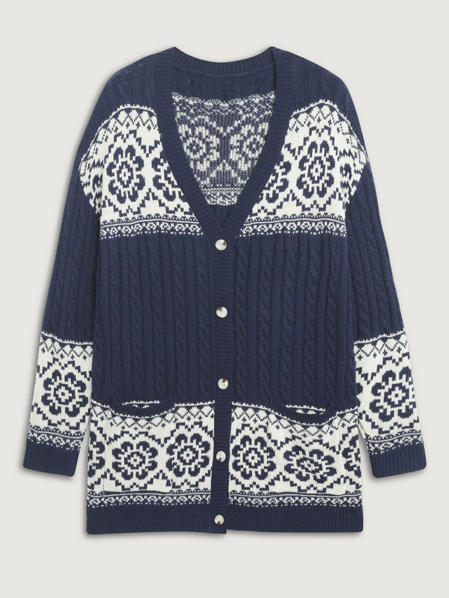Cable Knit Floral Jacquard Pockets Knit Cardigan - Image 9