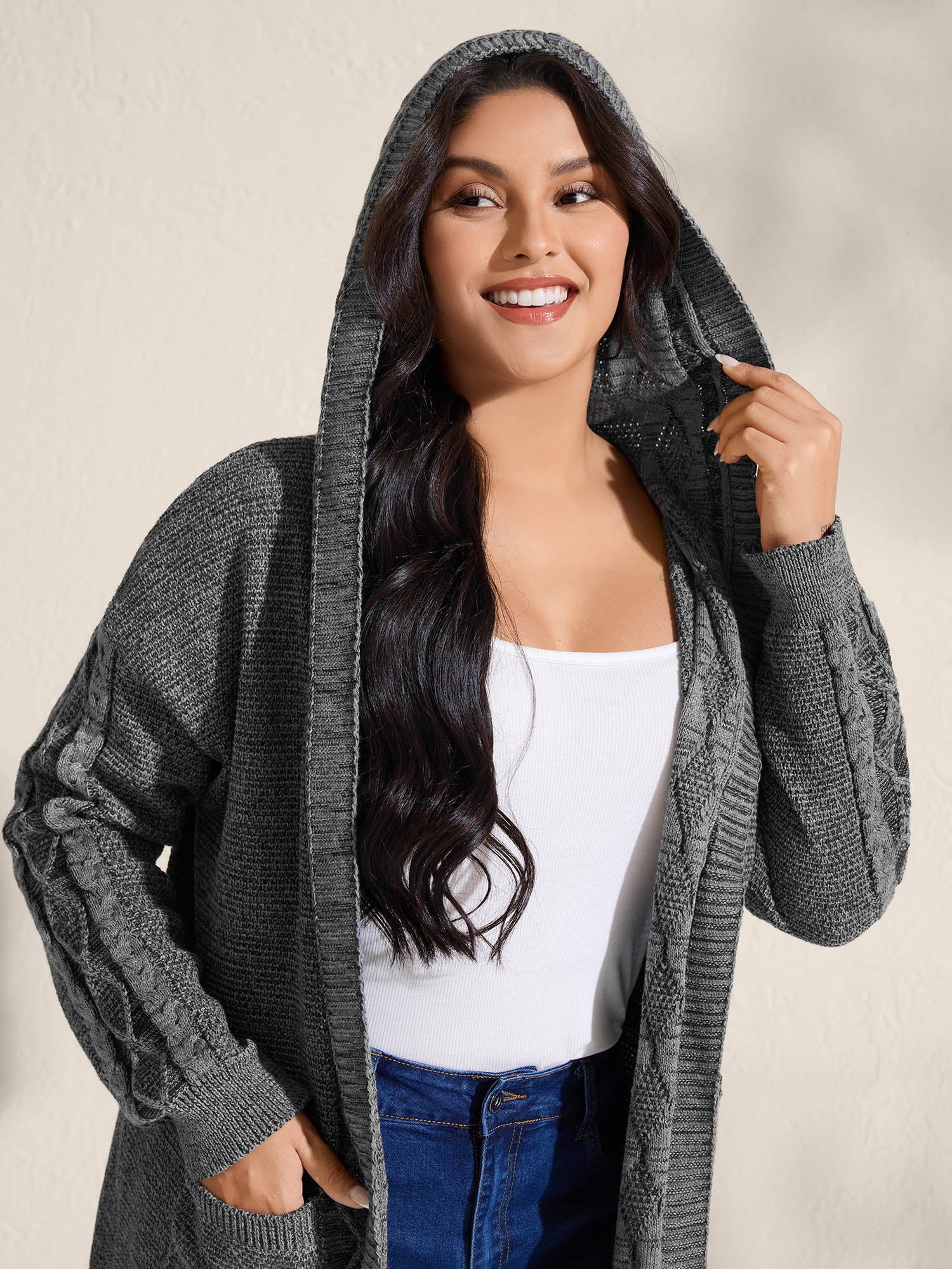 Cable Knit Front-Open Knit Cardigan - Image 2