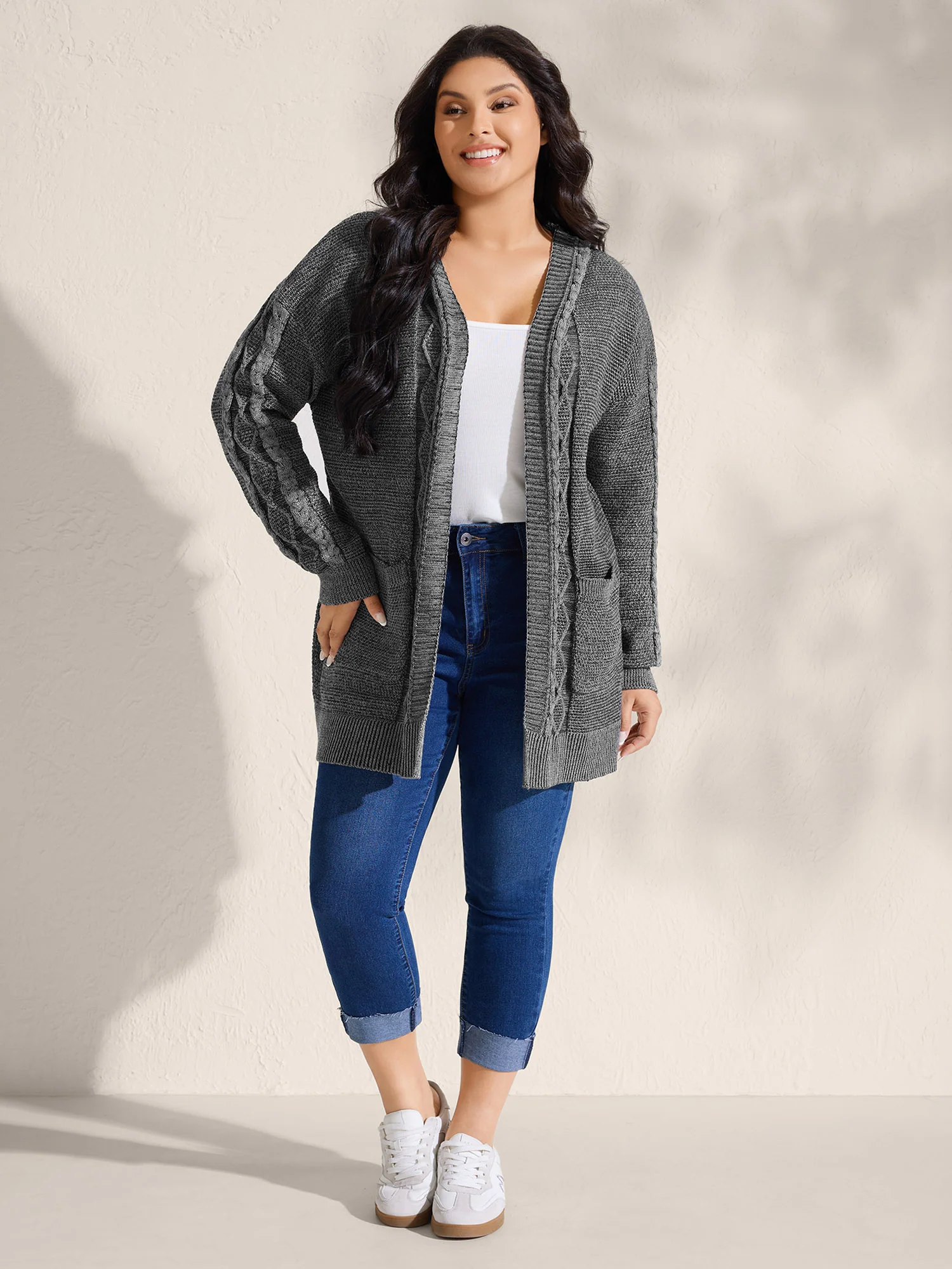 Cable Knit Front-Open Knit Cardigan - Image 3