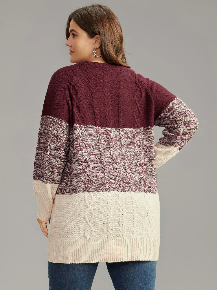 Cable Knit Heather Colorblock Patchwork Pullover - Image 2