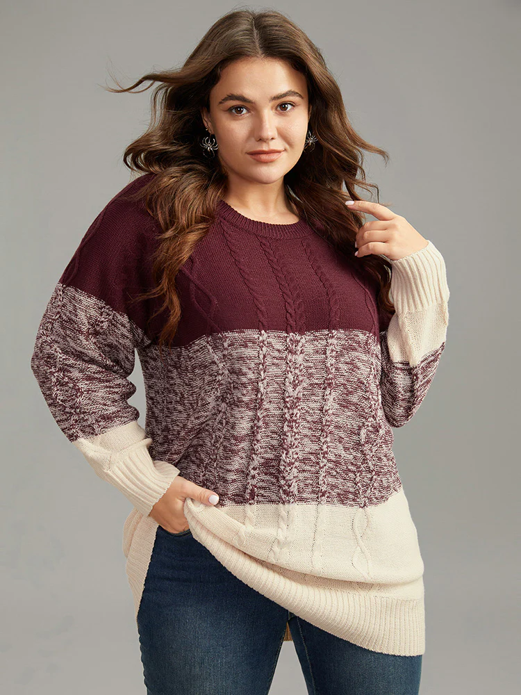 Cable Knit Heather Colorblock Patchwork Pullover - Image 3