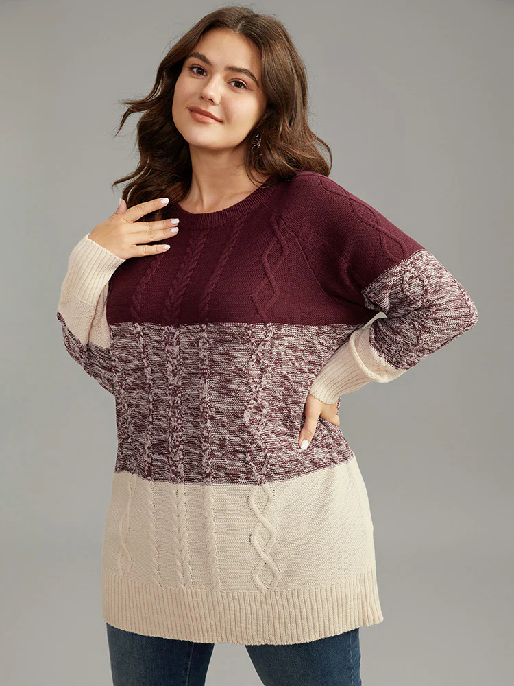Cable Knit Heather Colorblock Patchwork Pullover - Image 4
