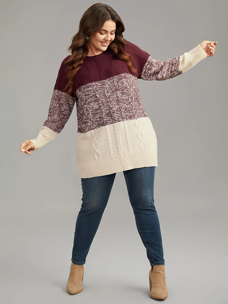 Cable Knit Heather Colorblock Patchwork Pullover - Image 5