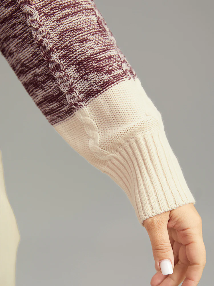 Cable Knit Heather Colorblock Patchwork Pullover - Image 7