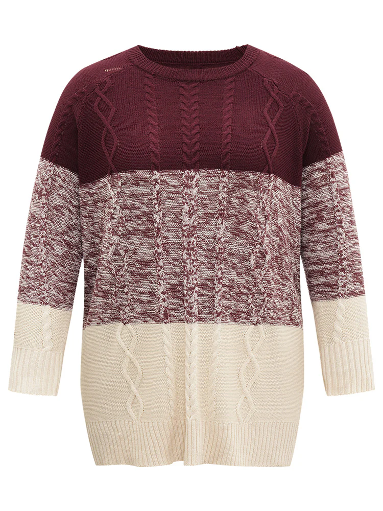 Cable Knit Heather Colorblock Patchwork Pullover - Image 8