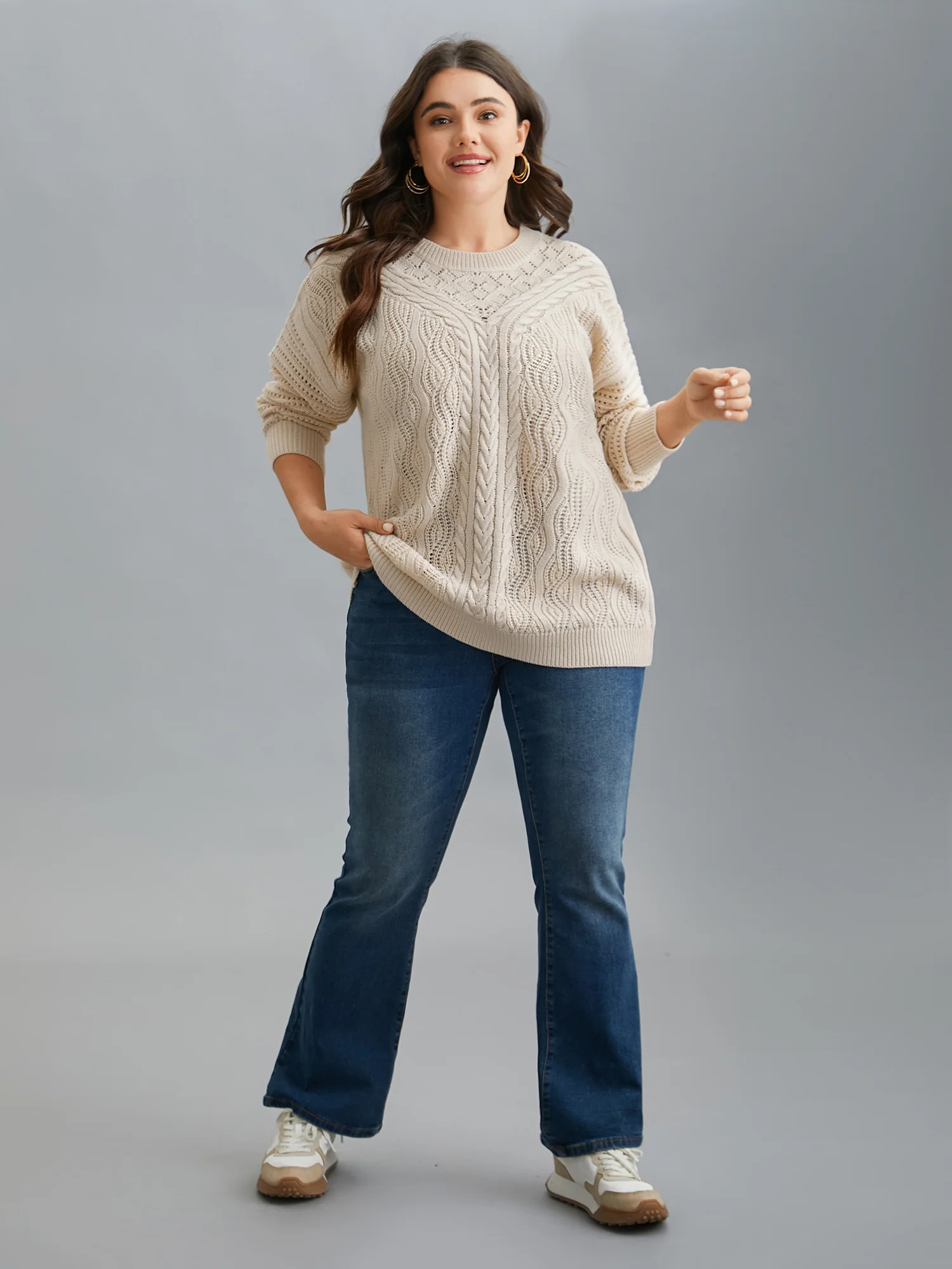 Cable Knit Hollow Out Textured Pullover - Image 3