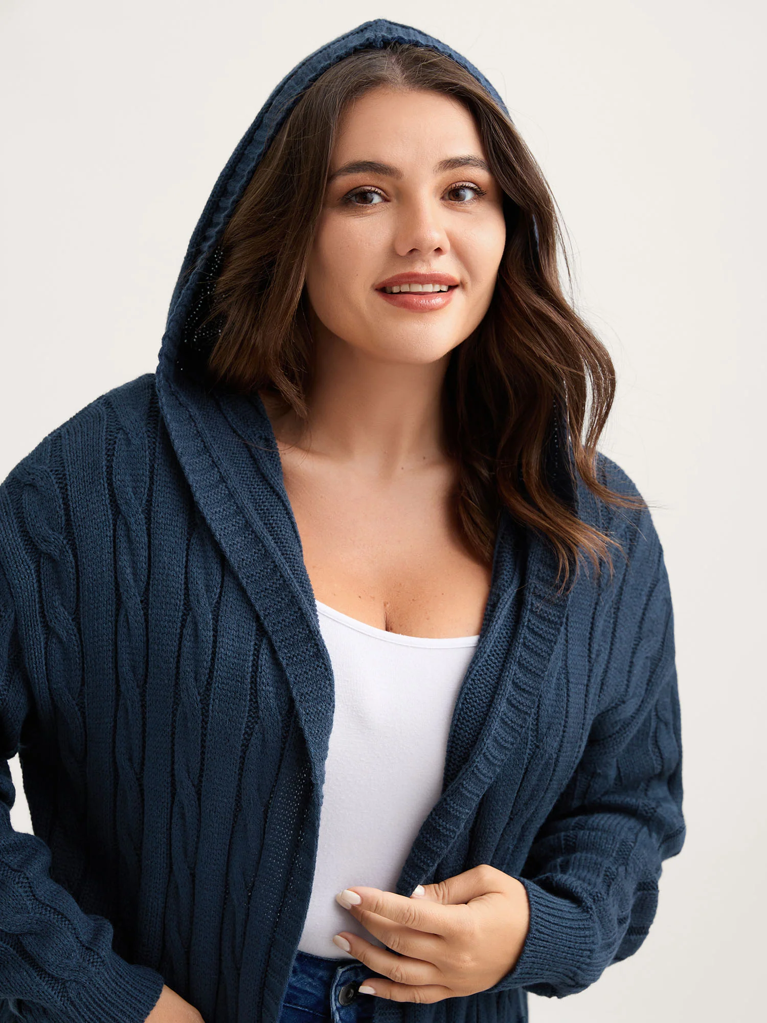 Cable Knit Hooded Long Knit Cardigan - Image 2