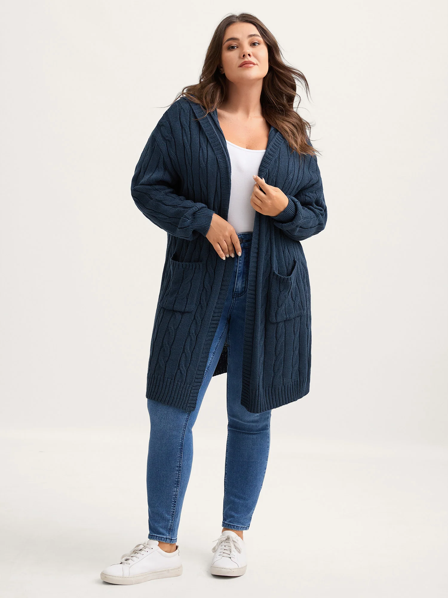 Cable Knit Hooded Long Knit Cardigan - Image 3