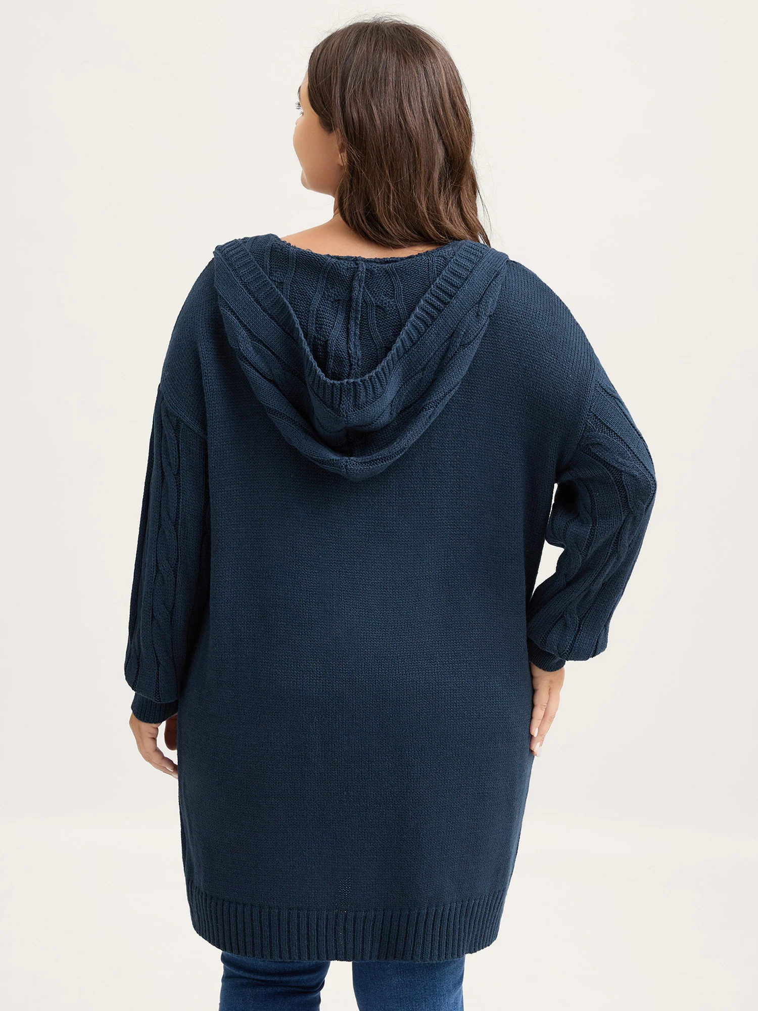 Cable Knit Hooded Long Knit Cardigan - Image 4