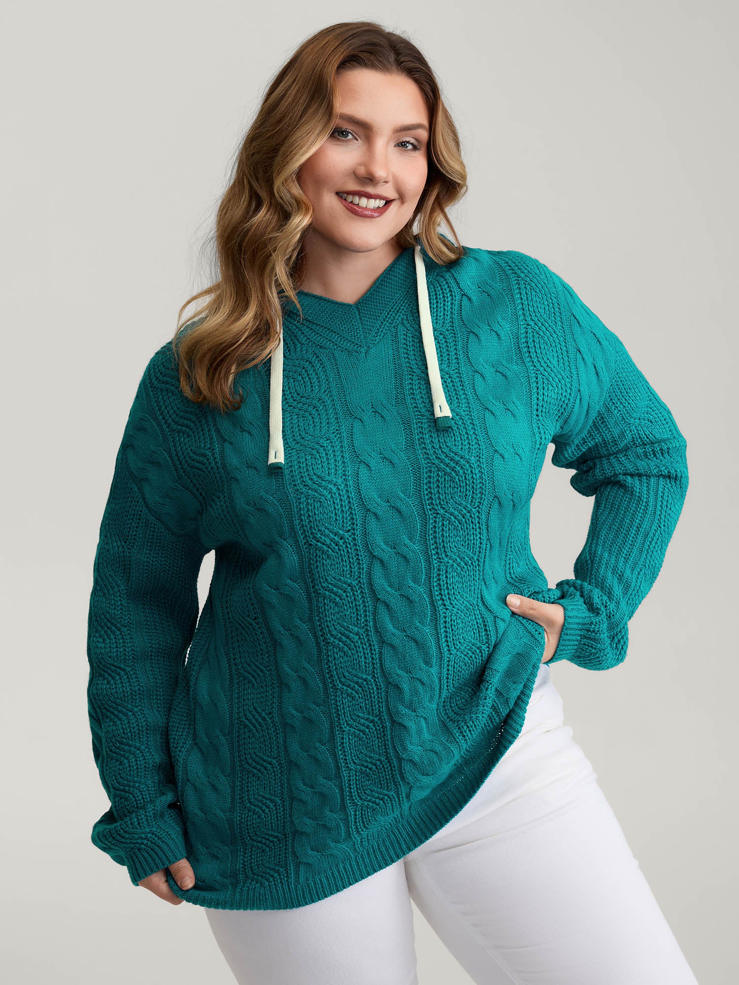 Cable Knit Hooded Solid Pullover - Image 2