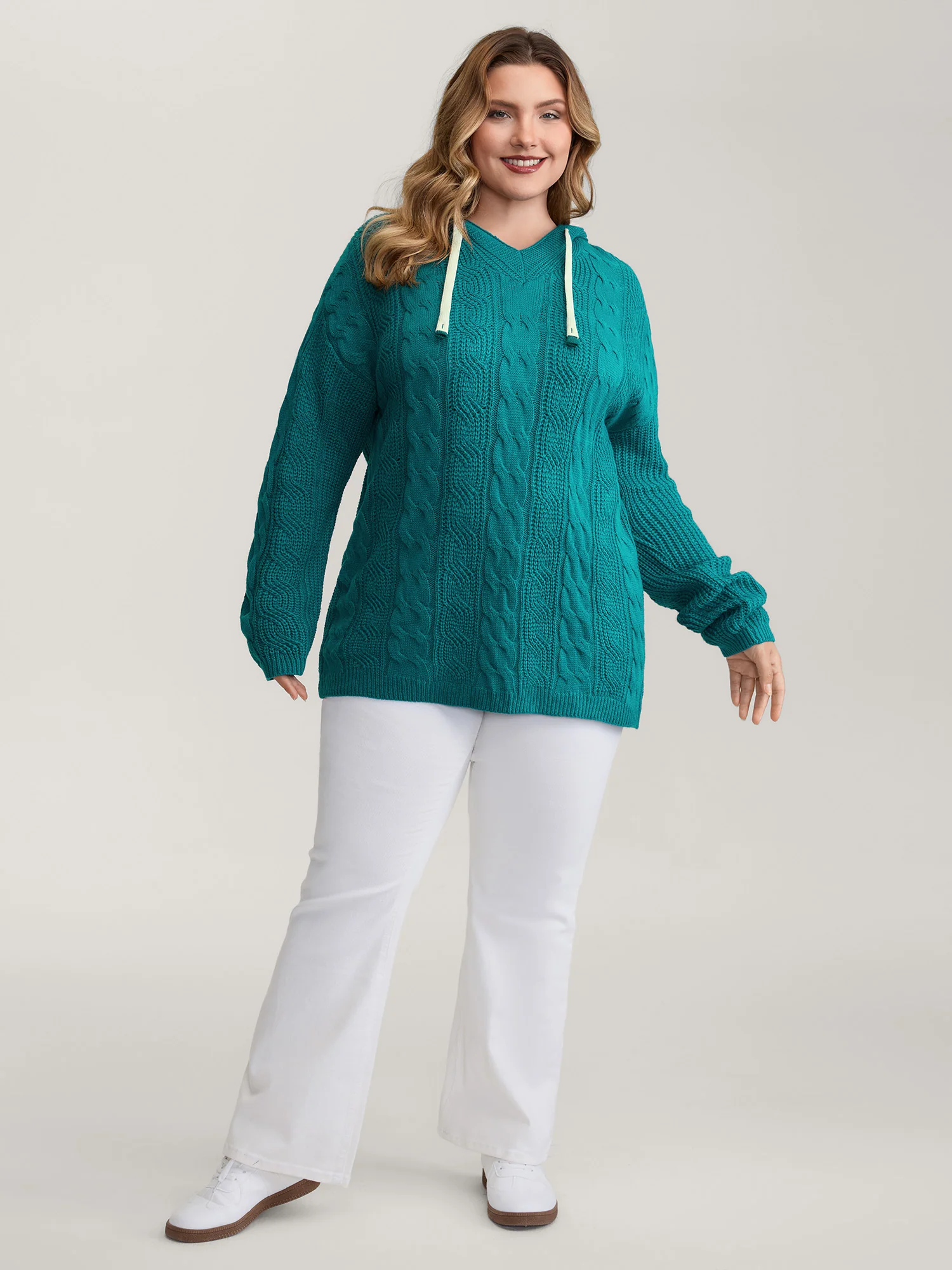 Cable Knit Hooded Solid Pullover - Image 3