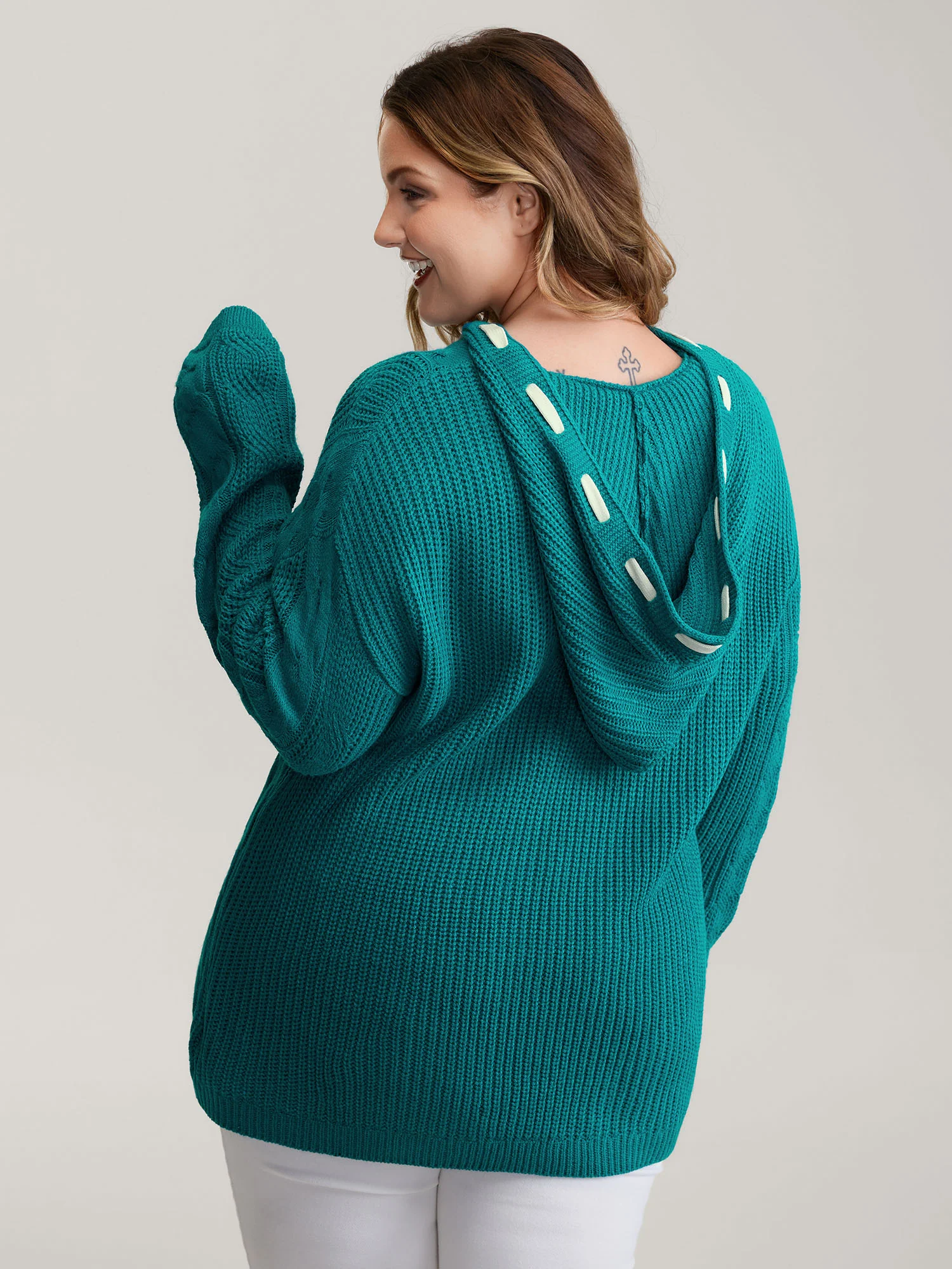 Cable Knit Hooded Solid Pullover - Image 4