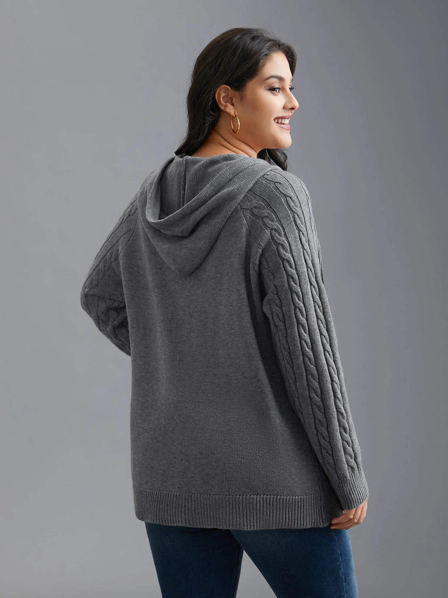 Cable Knit Hooded Zipper Cardigan - Image 2