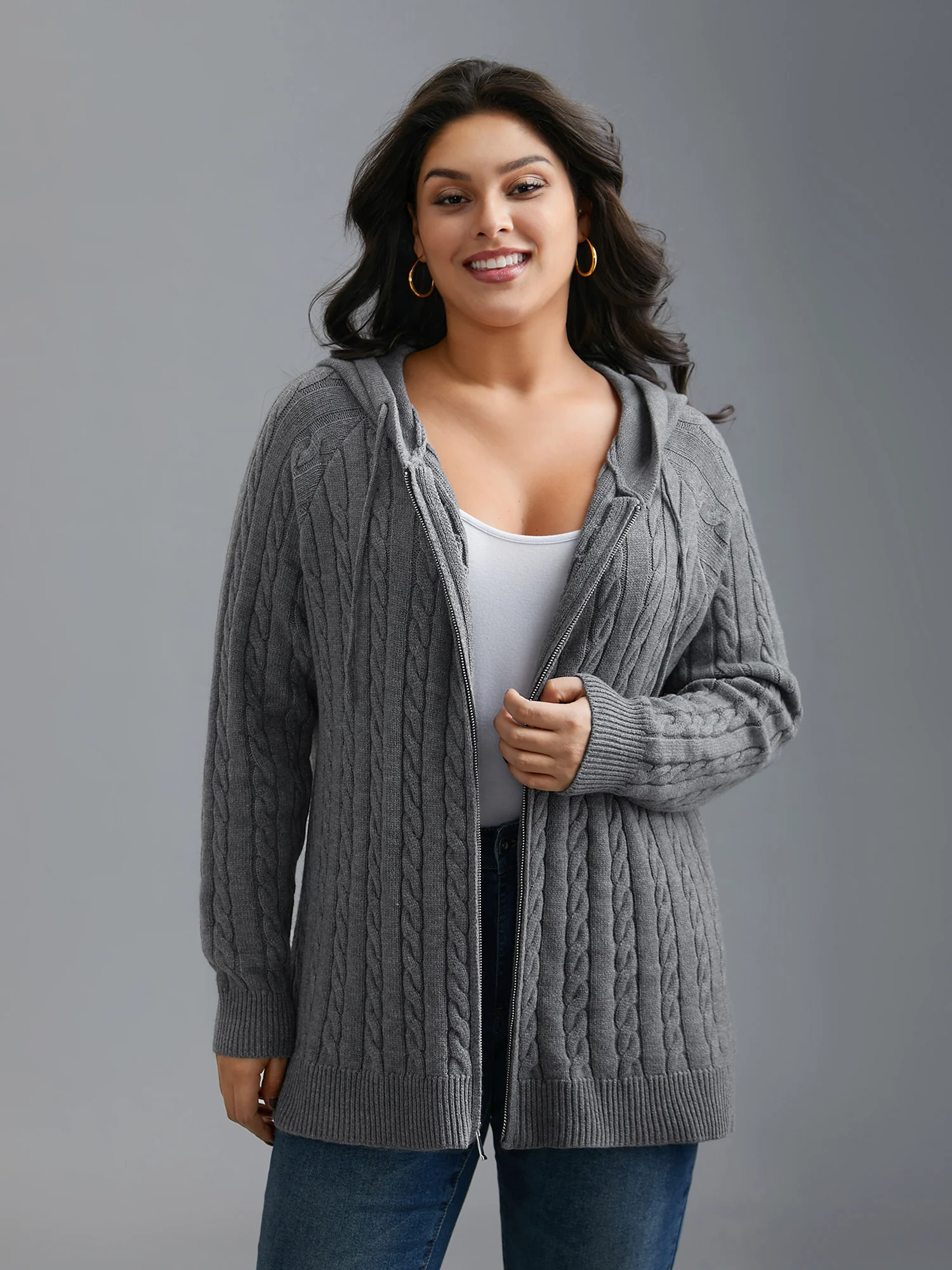 Cable Knit Hooded Zipper Cardigan - Image 3