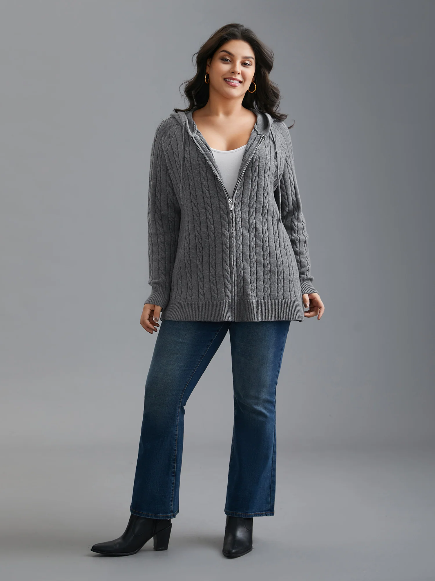 Cable Knit Hooded Zipper Cardigan - Image 4