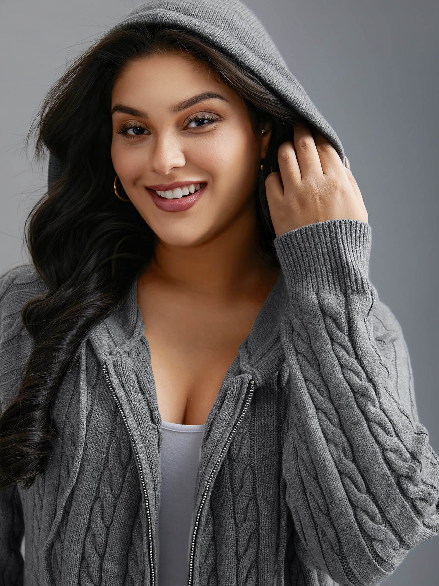 Cable Knit Hooded Zipper Cardigan - Image 5