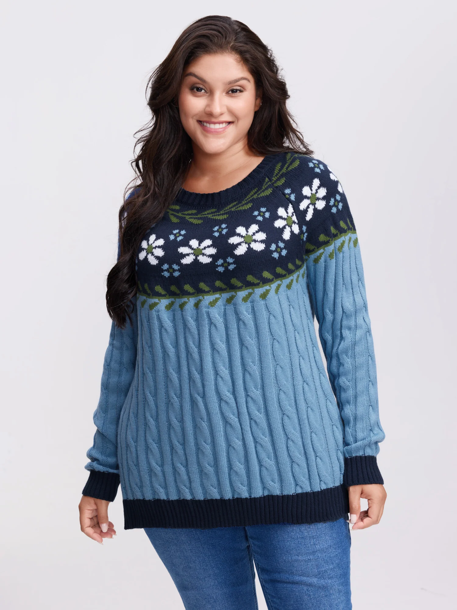 Cable Knit Jacquard Floral Contrast Pullover - Image 2