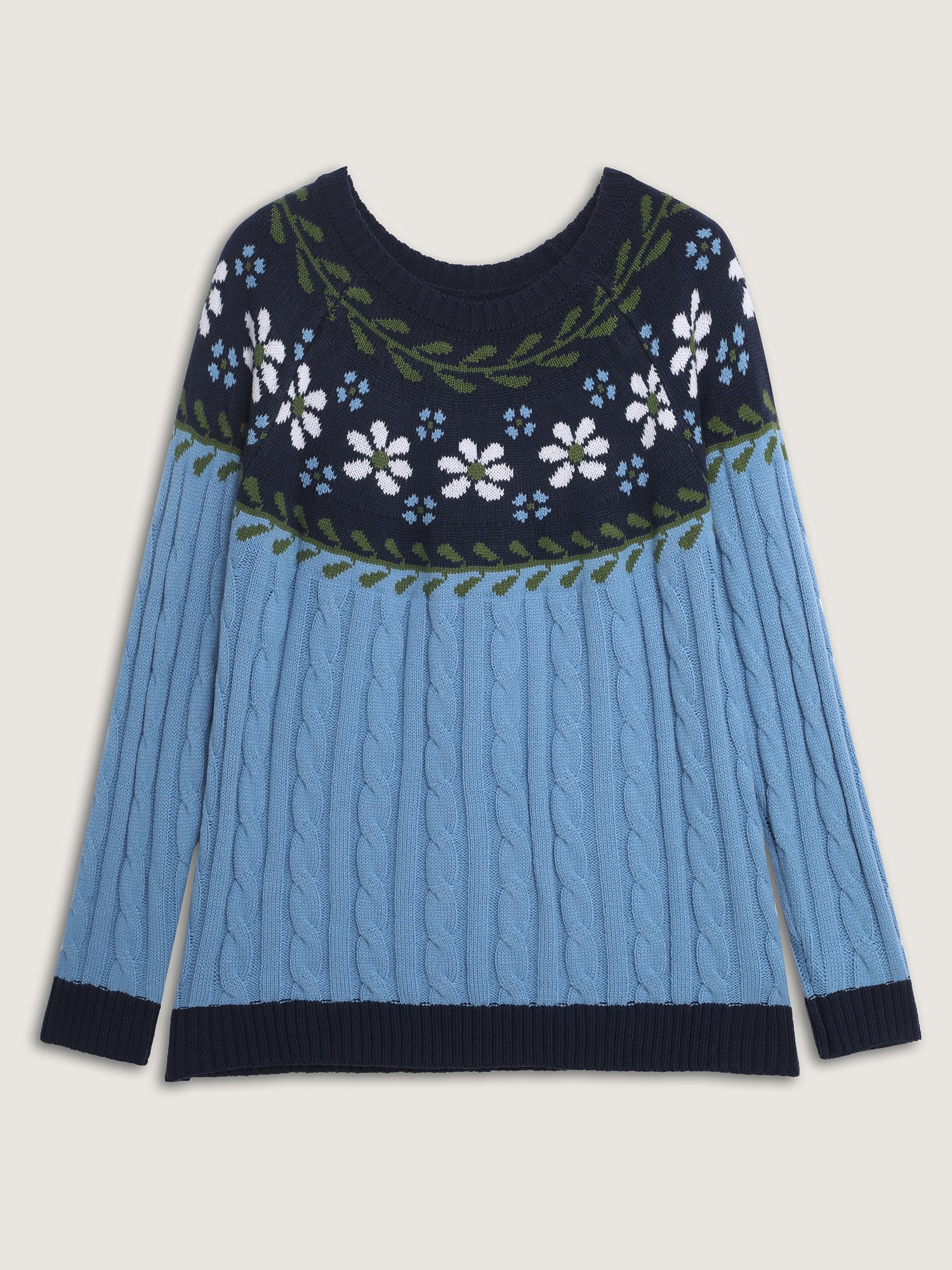 Cable Knit Jacquard Floral Contrast Pullover - Image 7