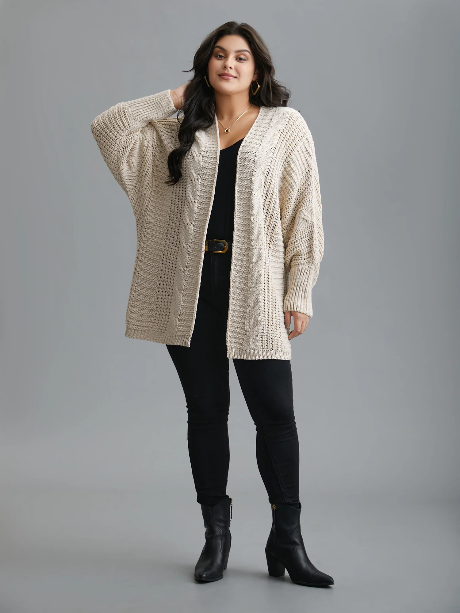 Cable Knit Open-Front Ribbed Knit Cardigan - Image 3