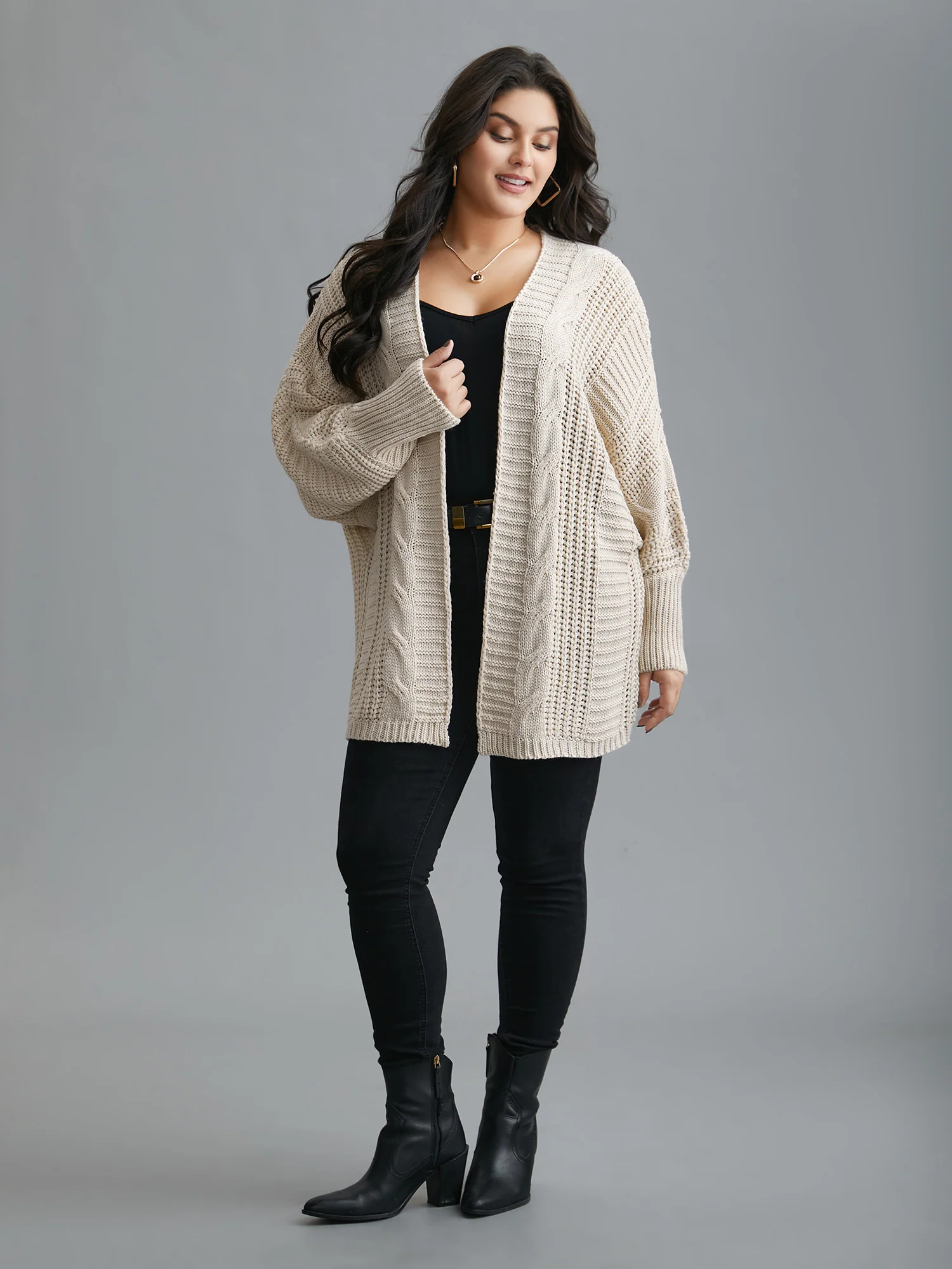 Cable Knit Open-Front Ribbed Knit Cardigan - Image 4