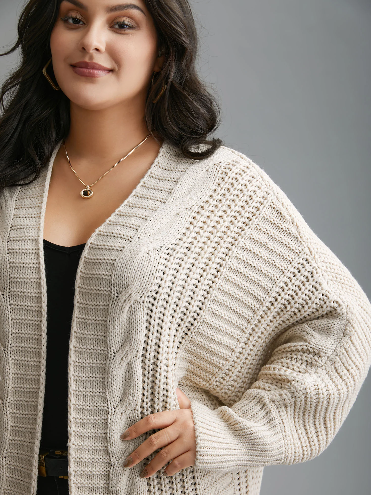 Cable Knit Open-Front Ribbed Knit Cardigan - Image 5