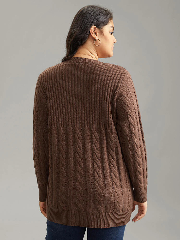 Cable Knit Patchwork Plisse V Neck Pullover - Image 2