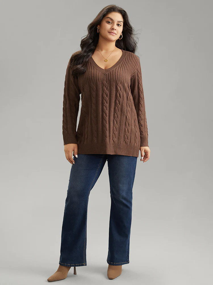 Cable Knit Patchwork Plisse V Neck Pullover - Image 3