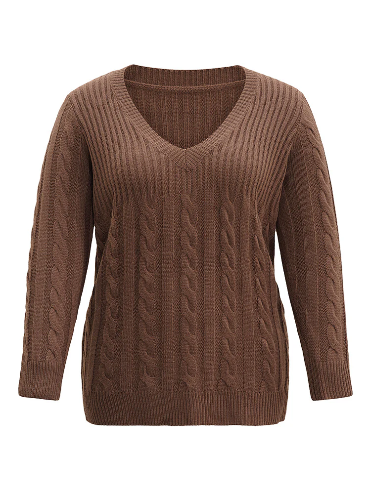 Cable Knit Patchwork Plisse V Neck Pullover - Image 5