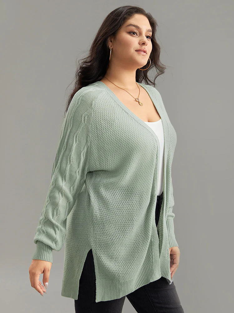 Cable Knit Plain Open Front Cardigan - Image 3