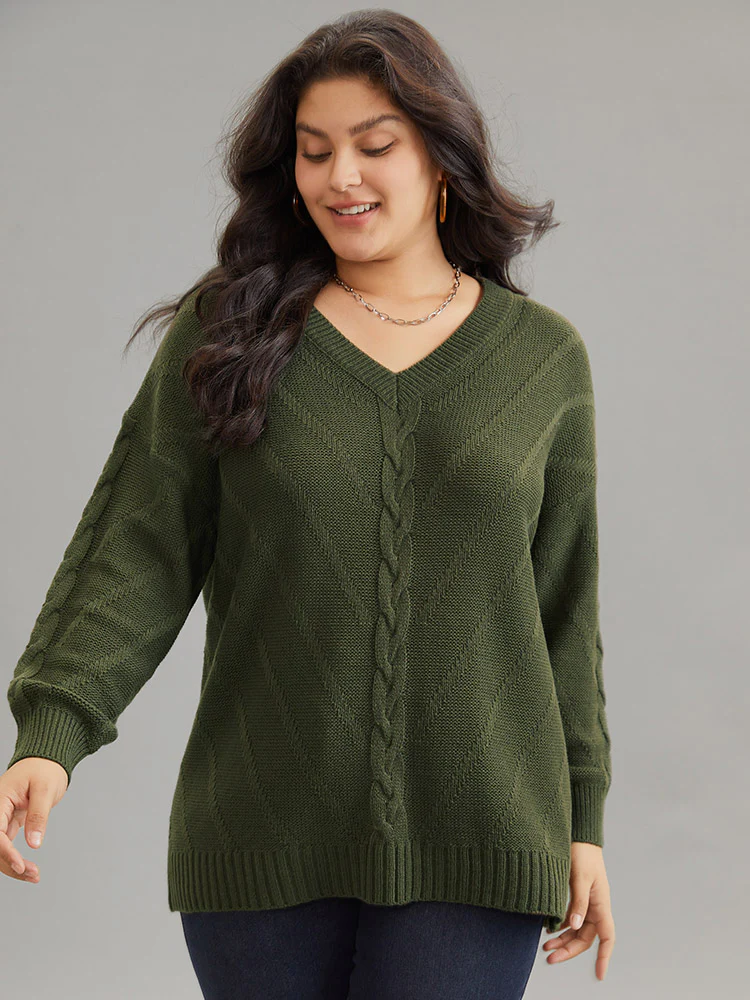 Cable Knit Plisse Moderately Stretchy Pullover - Image 3