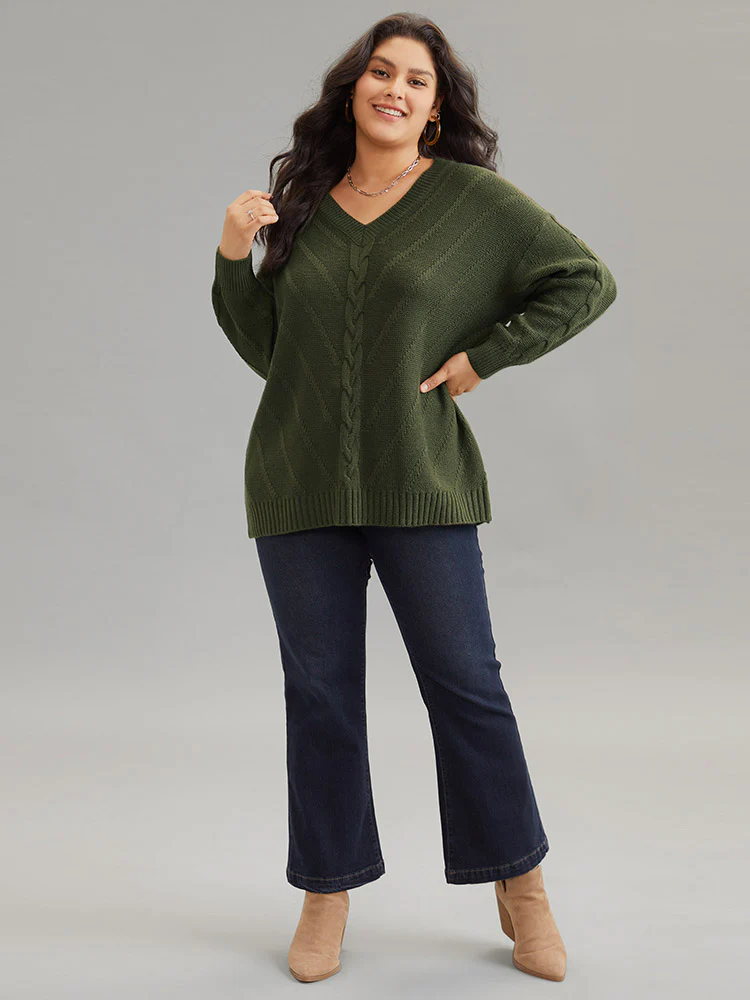Cable Knit Plisse Moderately Stretchy Pullover - Image 4